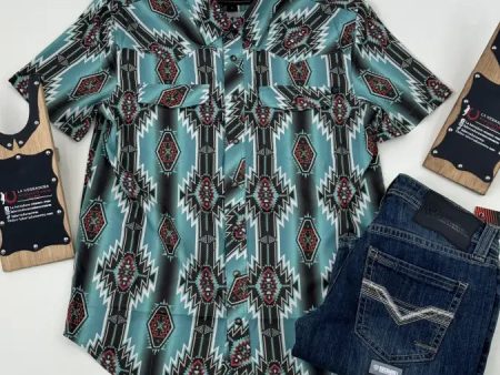 ROCK&ROLL TURQUOISE AZTEC SNAP SHORT SLEEVE 4804 Fashion