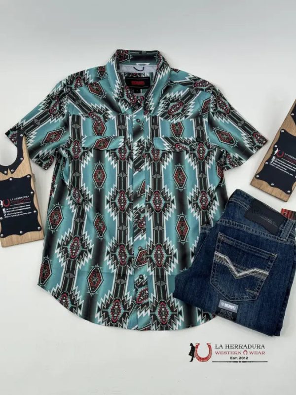 ROCK&ROLL TURQUOISE AZTEC SNAP SHORT SLEEVE 4804 Fashion