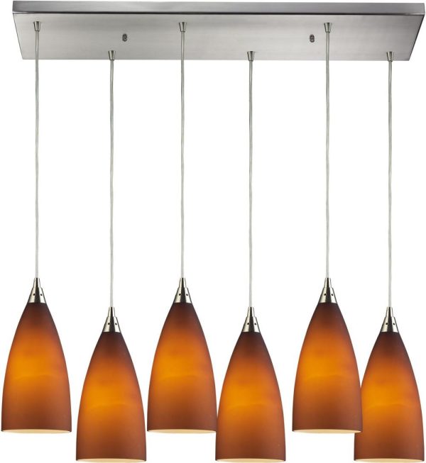 Vesta 6 Light Pendant In Satin Nickel and Tobacco Glass Supply